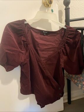 Madewell Burgundy Wrap Puff-Sleeve Top